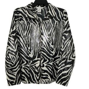 Misook Paillette Black & White Animal Print Shimmer Full Zip Shirt/Jacket Med
